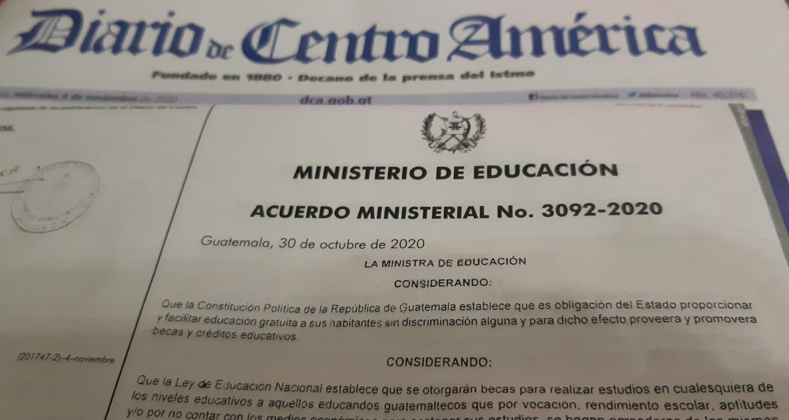 Acuerdo Ministerial 3092-2020 el Ministerio de Educación (Mineduc) publicada hoy en el Diario Oficial.