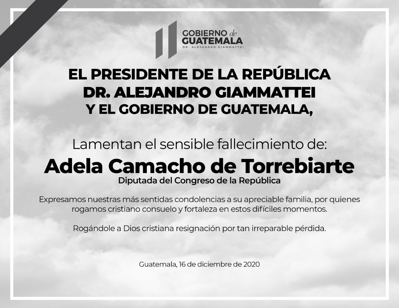 Presidente lamenta fallecimiento de diputada Adela Camacho de Torrebiarte