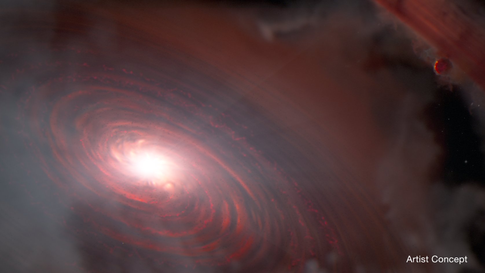 Simulación del vapor de agua ardiente en el disco de formación planetaria de la estrella PDS 70. / Foto: NASA.