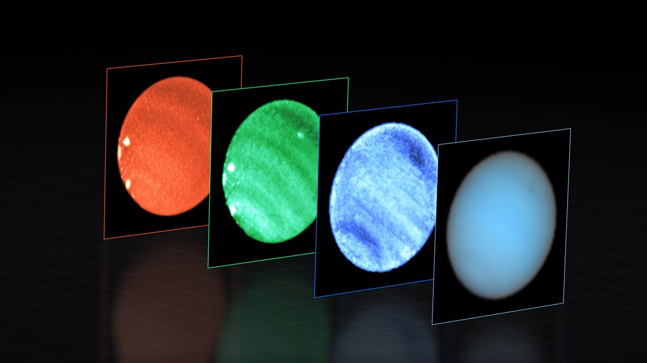 Enorme mancha oscura y una brillante adyacente en la atmósfera de Neptuno. / Foto: ESO.
