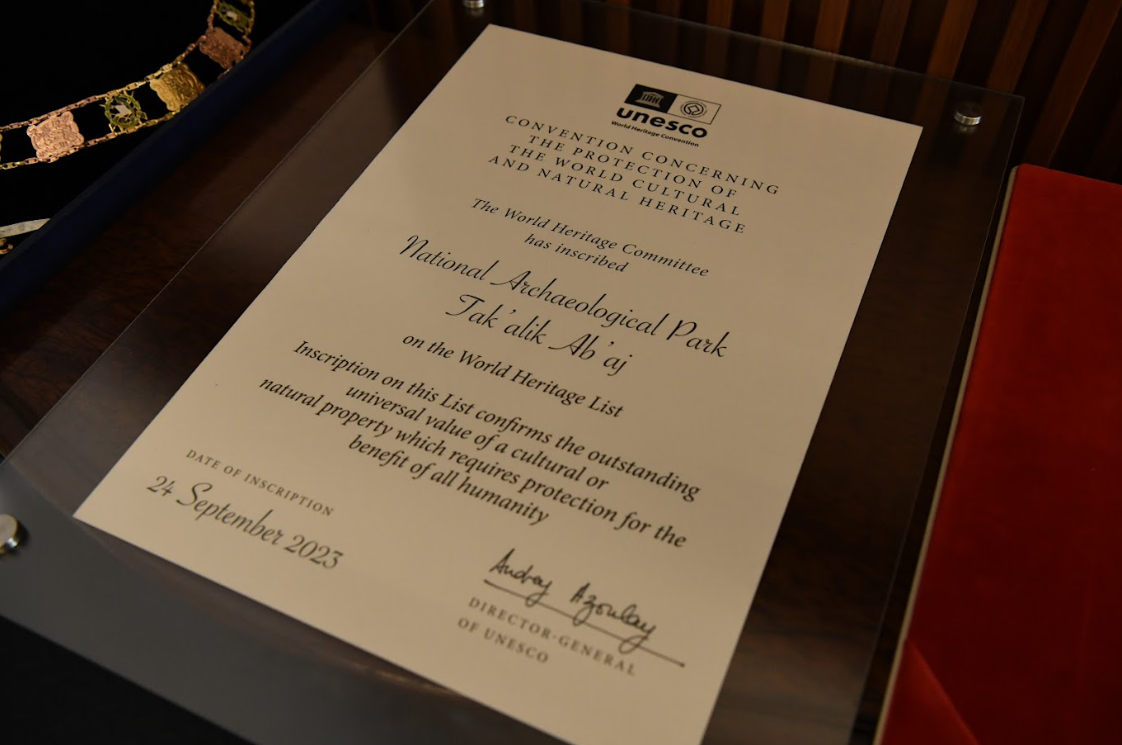 Acreditación de la Unesco de la inscripción de Tak'alik Ab'aj como Patrimonio Mundial de la Humanidad.