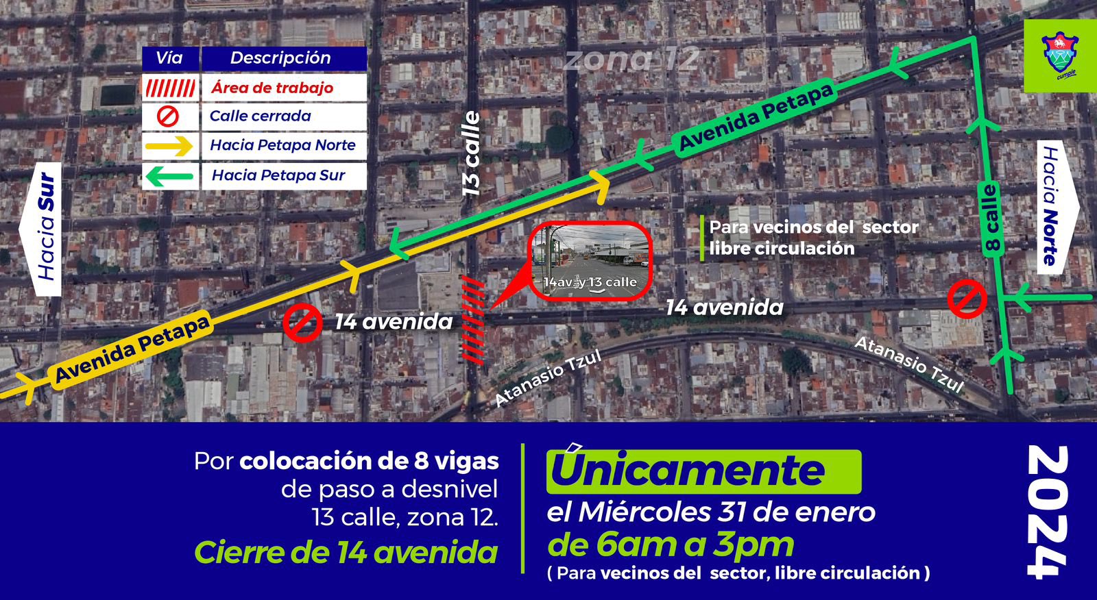 Cierre vehicular en zona 12, por instalación de vigas en paso a desnivel
