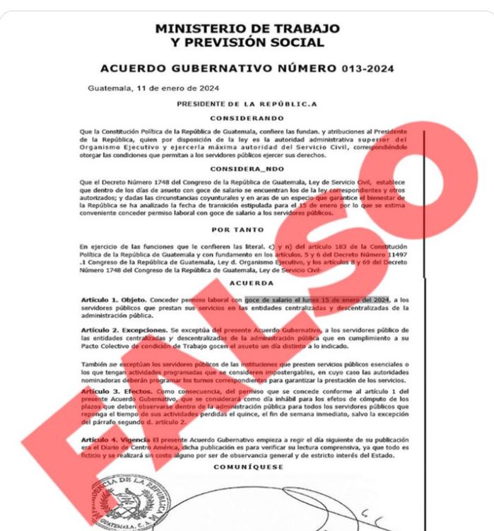 Gobierno desmiente supuesto Acuerdo 013-2024 que circula en redes sociales