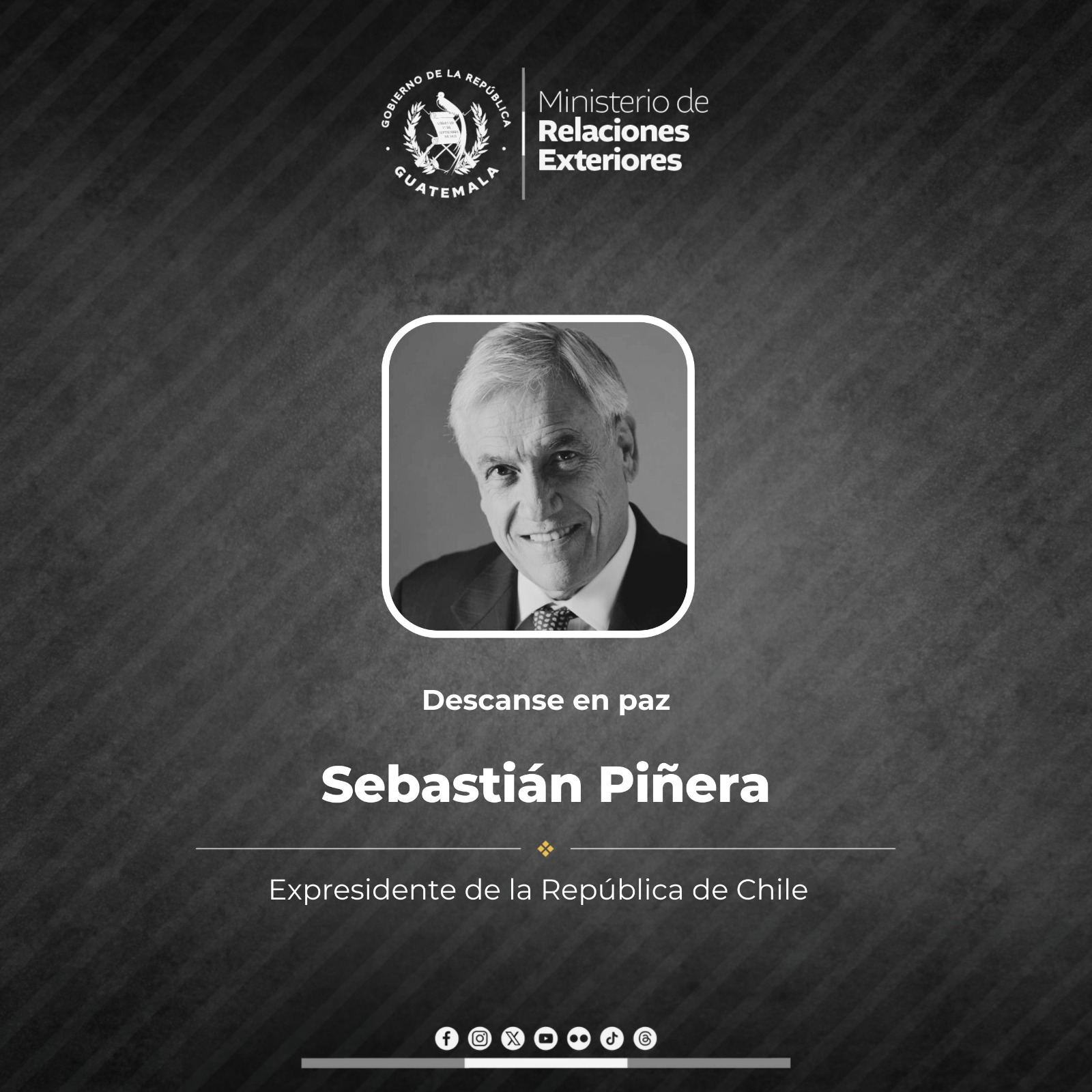 Guatemala expresa sus condolencias por muerte del expresidente de Chile Sebastián Piñera