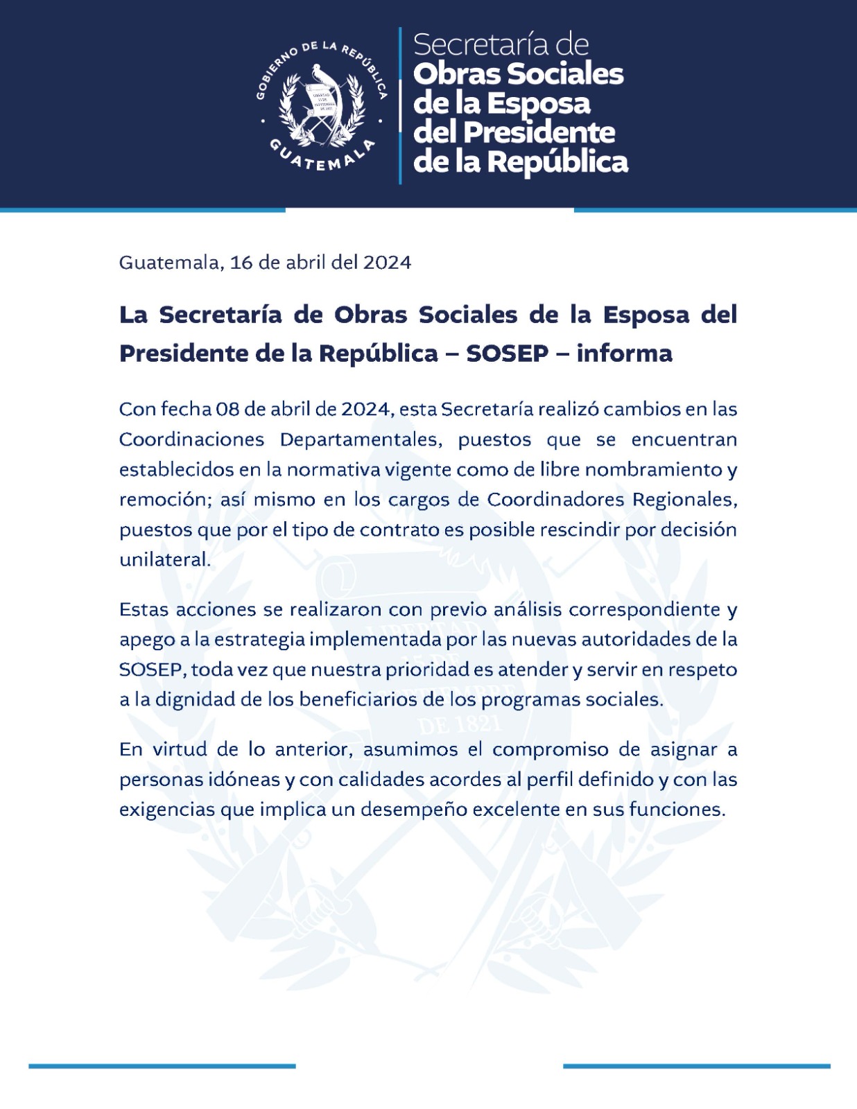 SOSEP hizo cambios en coordinaciones departamentales y regionales
