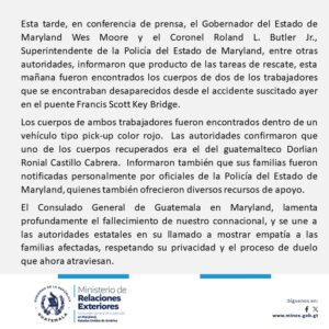 Comunicado del consulado de Maryland