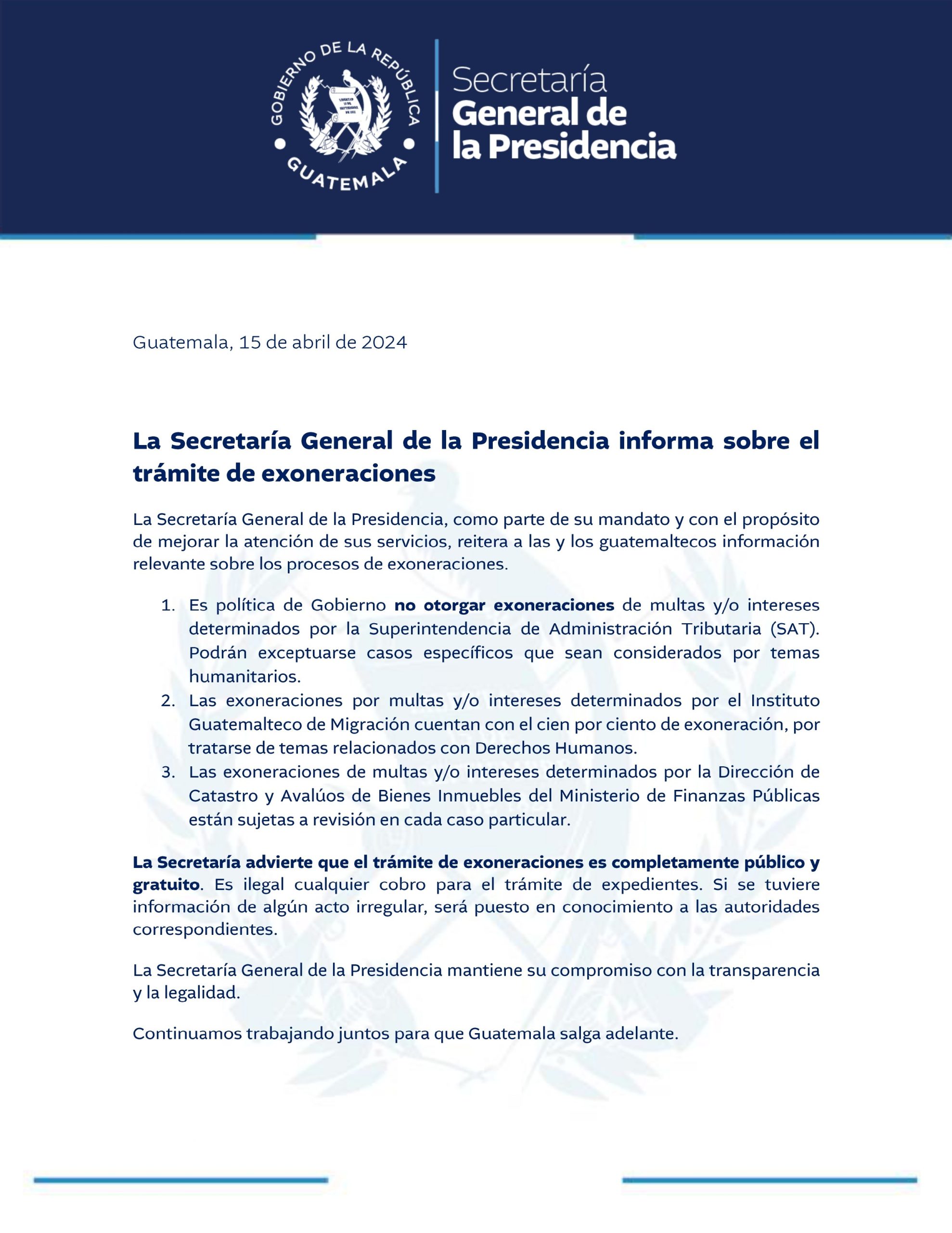 Gobierno informa postura sobre exoneraciones