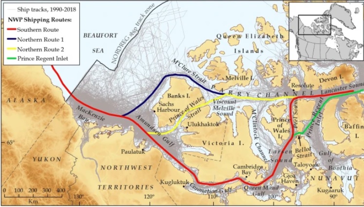 El mapa muestra las áreas de navegación en el Ártico, donde la temporada para ello se ha reducido debido a bloques de hielo flotante.