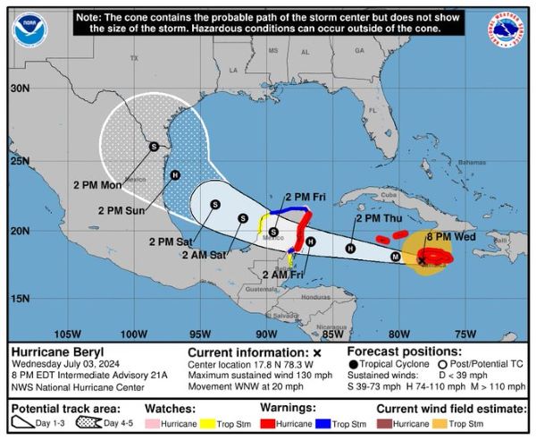 Beryl llega a Gran Caimán como huracán 3, va para México y no se descarta ruta a EE. UU.
