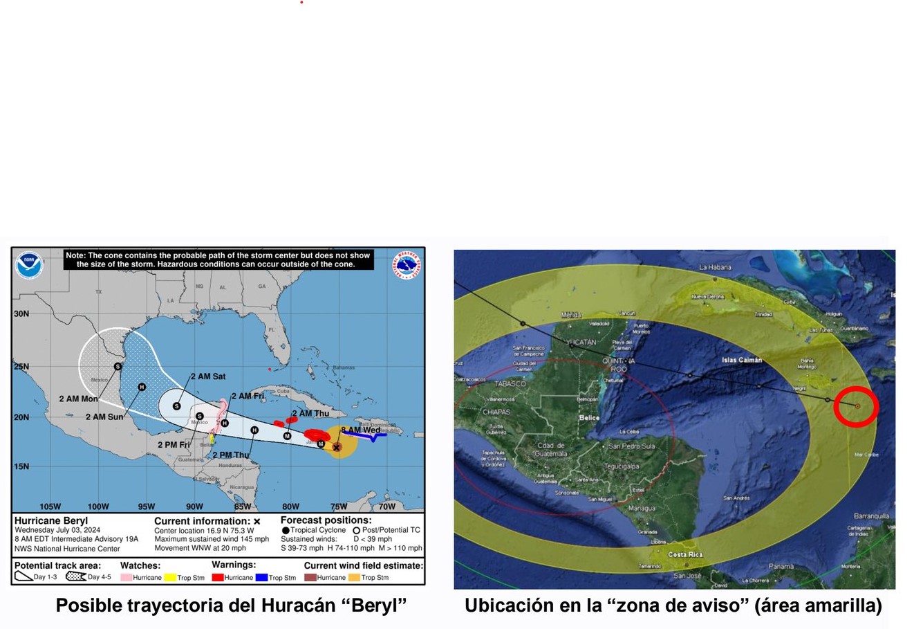Huracán Beryl se desplaza a 32 k/h con dirección a Yucatán, México