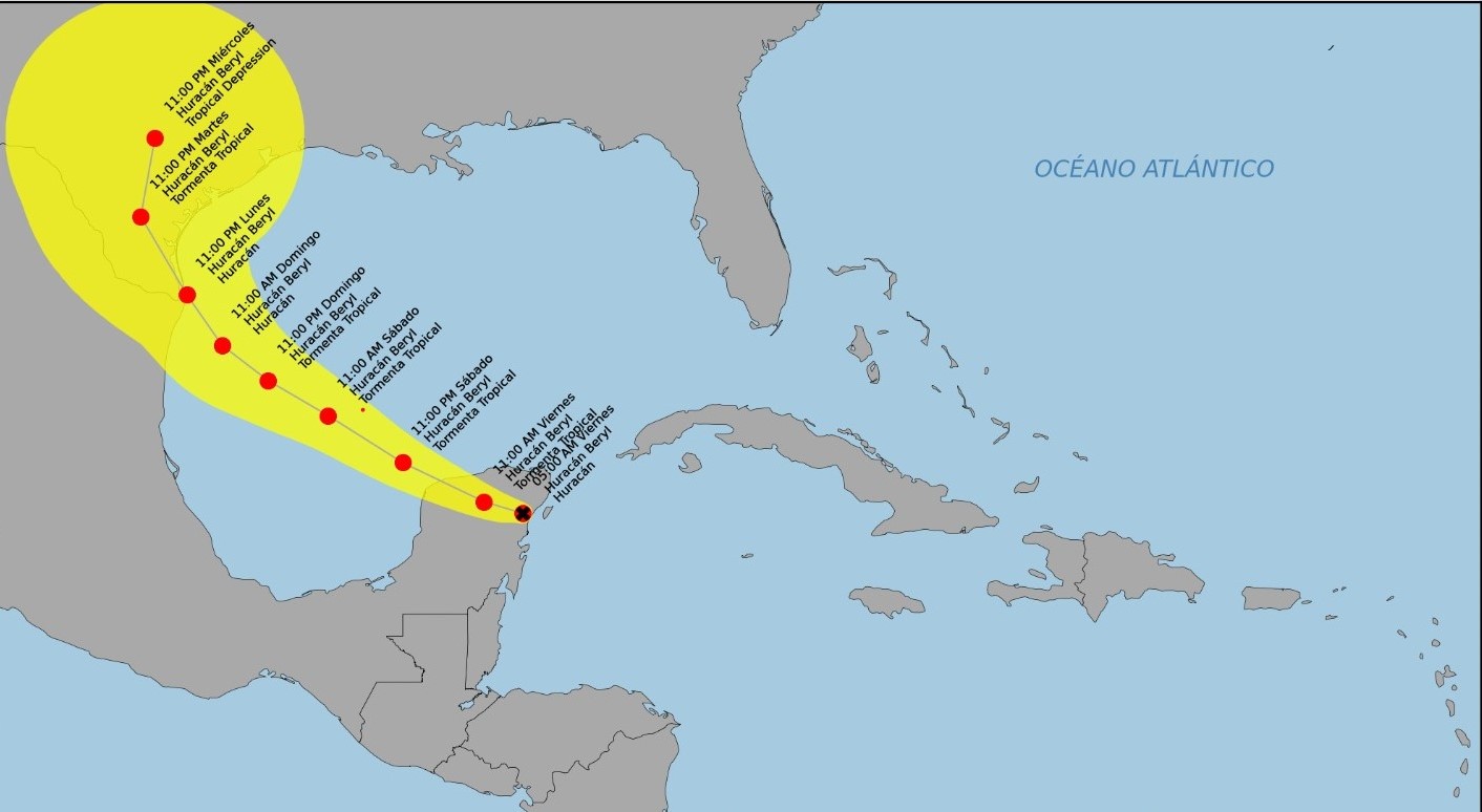 El huracán Beryl ha llegado a la península de Yucatán, México y se espera que en las próximas horas se degrade a tormenta tropical.