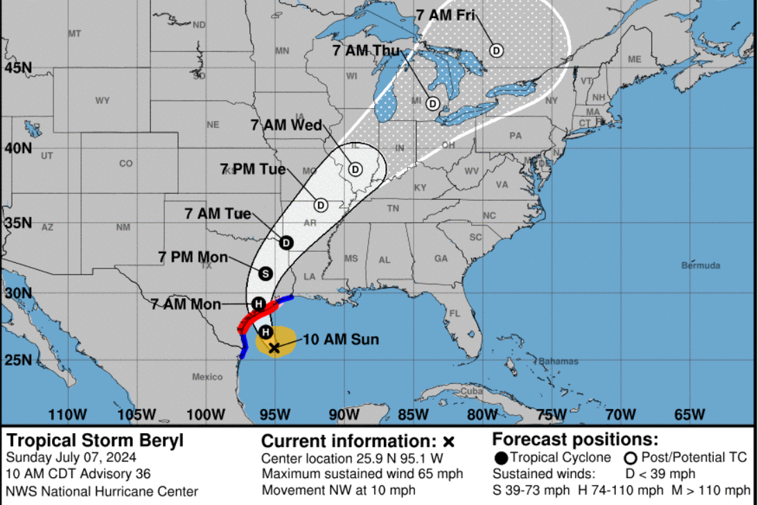 Beryl se fortalecerá y golpeará como huracán a Texas este lunes