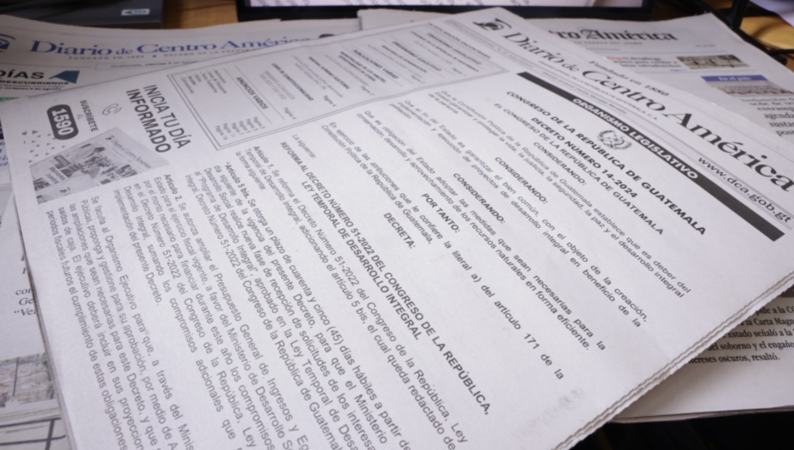 Decreto 14-2024 publicado en el Diario de Centro América que reforma la Ley Temporal de Desarrollo Integral. / Foto: Dickéns Zamora.