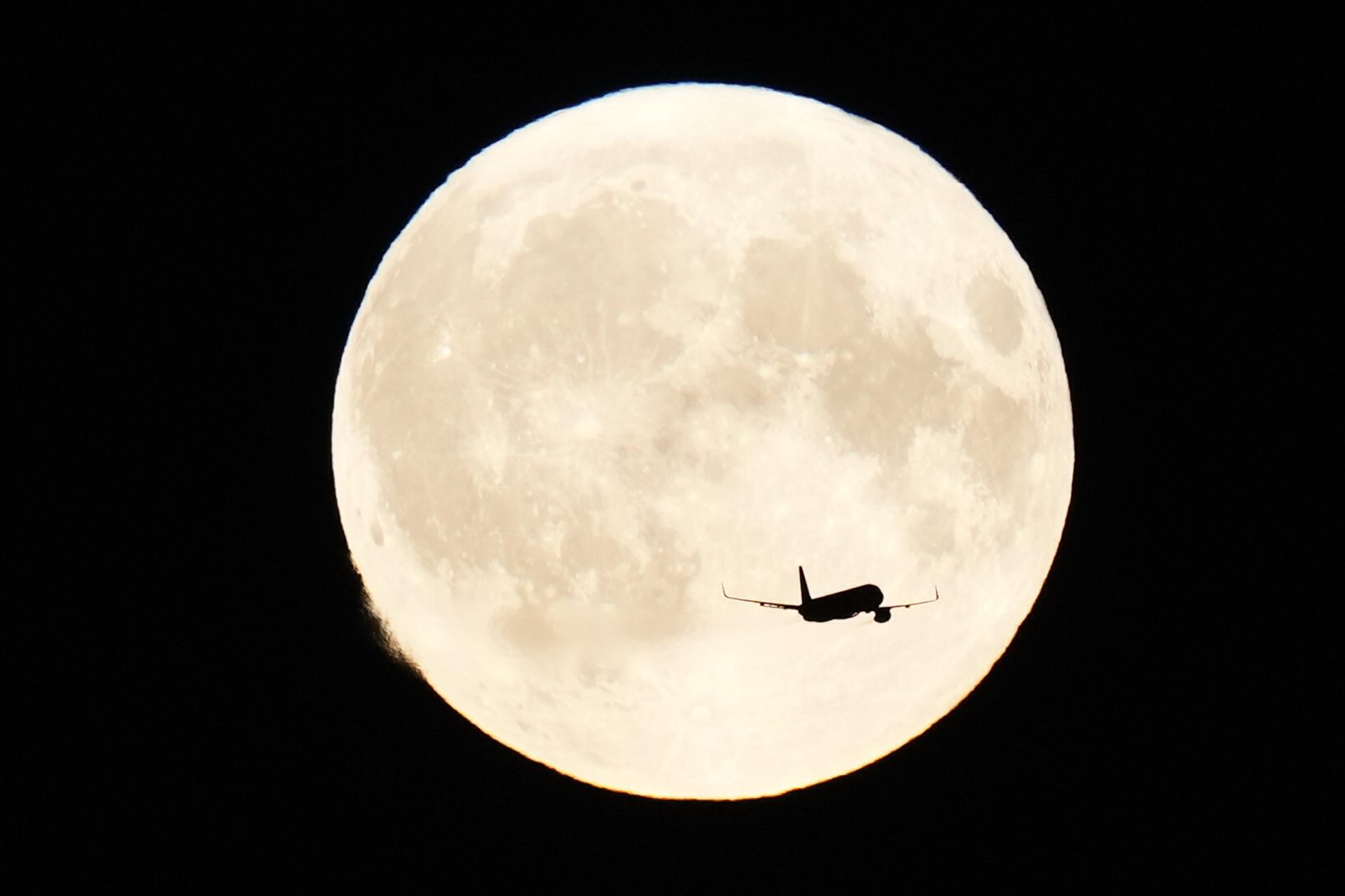 Un avión vuela en el cielo adornado por la Superluna Azul en Copenhague, Dinamarca. / Foto: EFE.