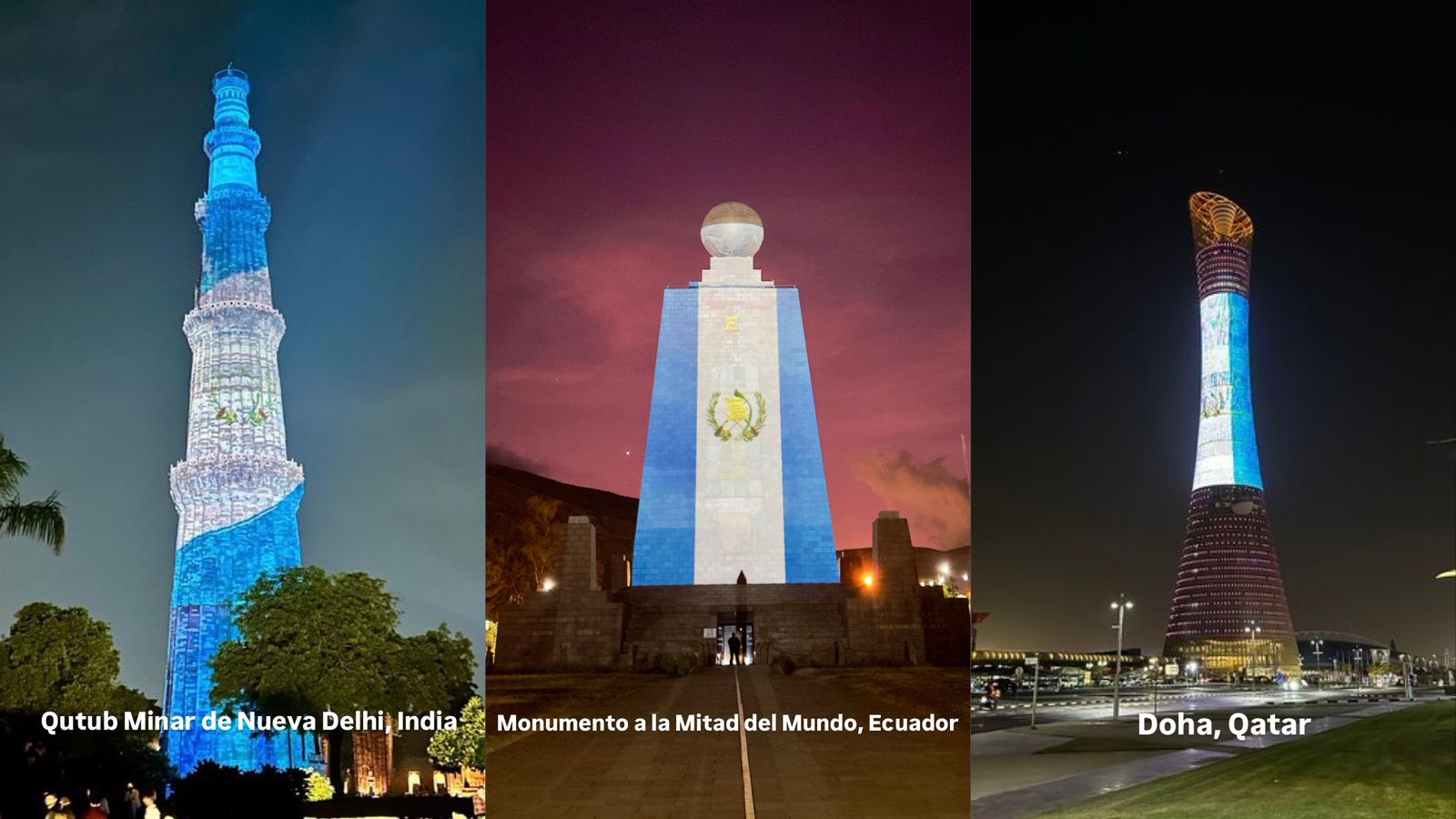 Varios países iluminaron sus monumentos emblemáticos para festejar la independencia de Guatemala. /Foto: Minex.