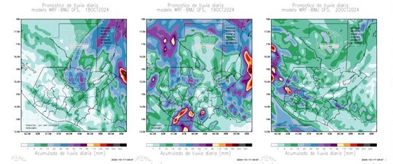 Insivumeh prevé el aumento de lluvias para el sábado 19 de octubre en el territorio nacional debido al incremento de humedad. / Foto: Insivumeh.