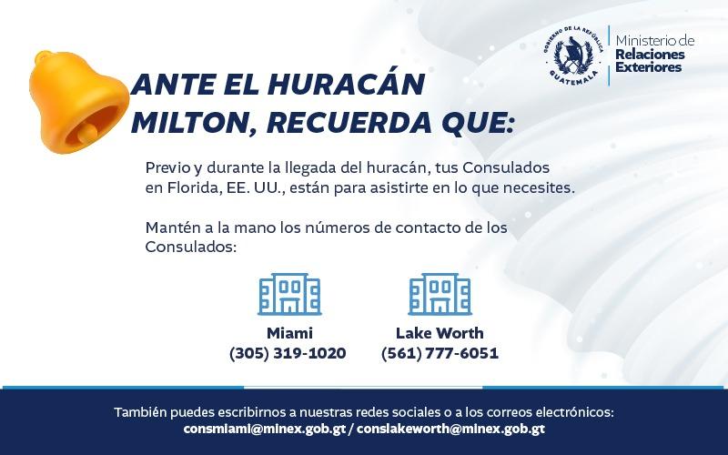 Por medio de los consulados de Miami y Lake Worth se mantiene la atención a los guatemaltecos que puedan resultar afectados por el huracan Miltón. /Foto: Minex.