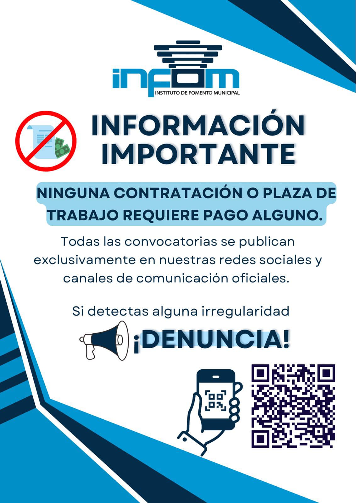 ¡Alerta!, ninguna plaza o trámite en Infom requiere pago. Si detecta irregularidades, denúncielas