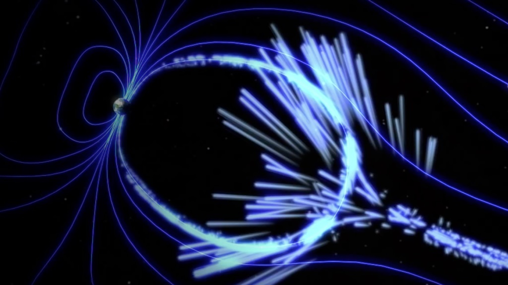 Detectan ondas de coro procedentes de un lugar inesperado en el espacio. Representación de ondas de coro al impactar en la Tierra. /Foto: NASA