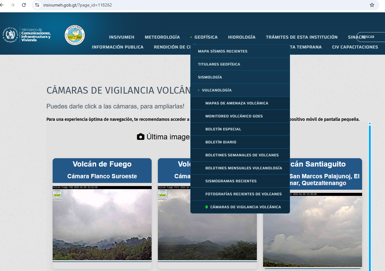 Cámaras de vigilancia volcánica. (Foto: página Insivumeh)