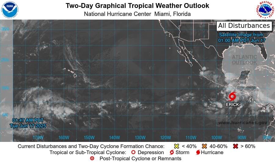 Depresión atmosférica se fortalece y convierte en tormenta tropical Erick