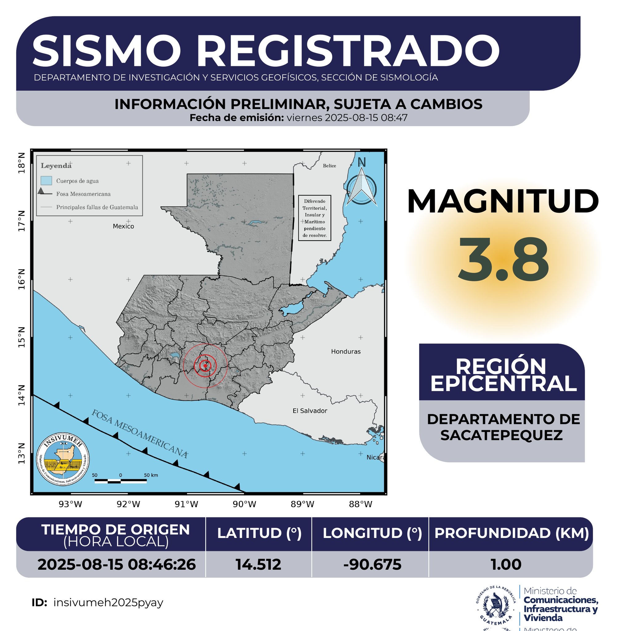 Temblor de 3.8 grados fue sensible en la región central de Guatemala