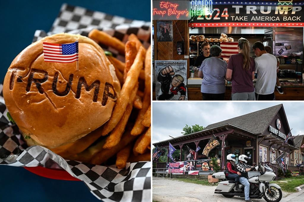 La imagen muestra uno de los tipos de hamburguesa de Trump Burguer y uno de los locales donde se venden, en Texas.