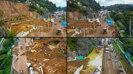 Trabajos de limpieza en el km 24 de la ruta a El Salvador permanecen suspendidos./Foto: Covial.