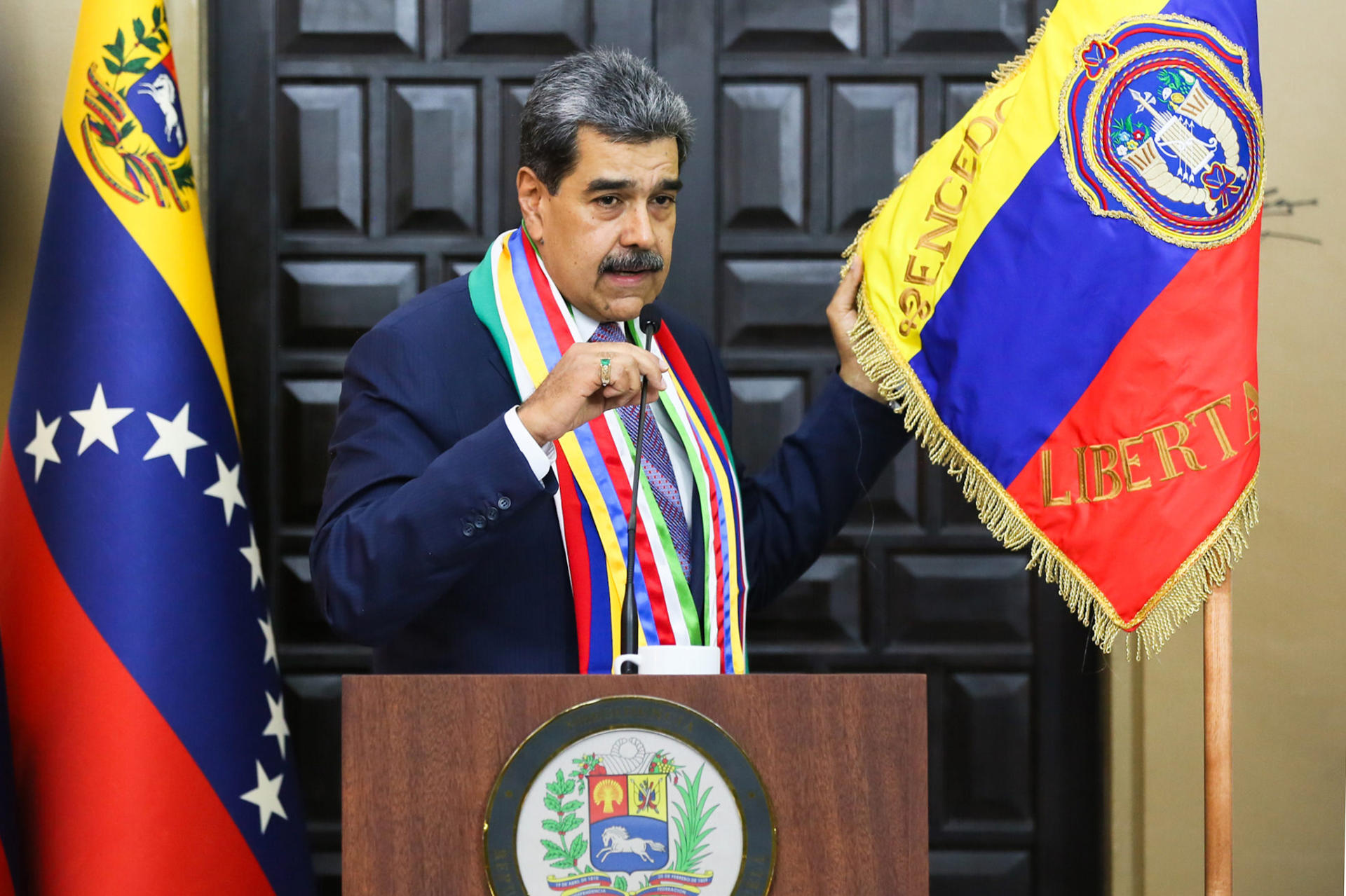 Nicolás Maduro en conferencia señalando que Venezuela se ha opuesto a la guerra en medio de las tensiones con Estados Unidos. / Foto: Palacio de Miraflores, EFE.