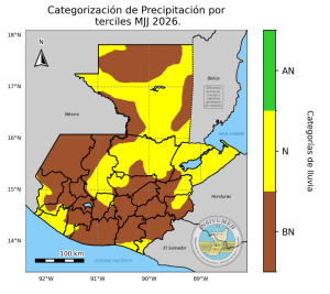 El color amarillo aparece para las regiones con niveles normales de lluvia y en café las que tendrán niveles por debajo de lo normal. / Foto: Insivumeh.