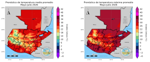 Mapa de temperatura promedio (izquierda) y temperaturas máximas (derecha). / Foto: Insivumeh.