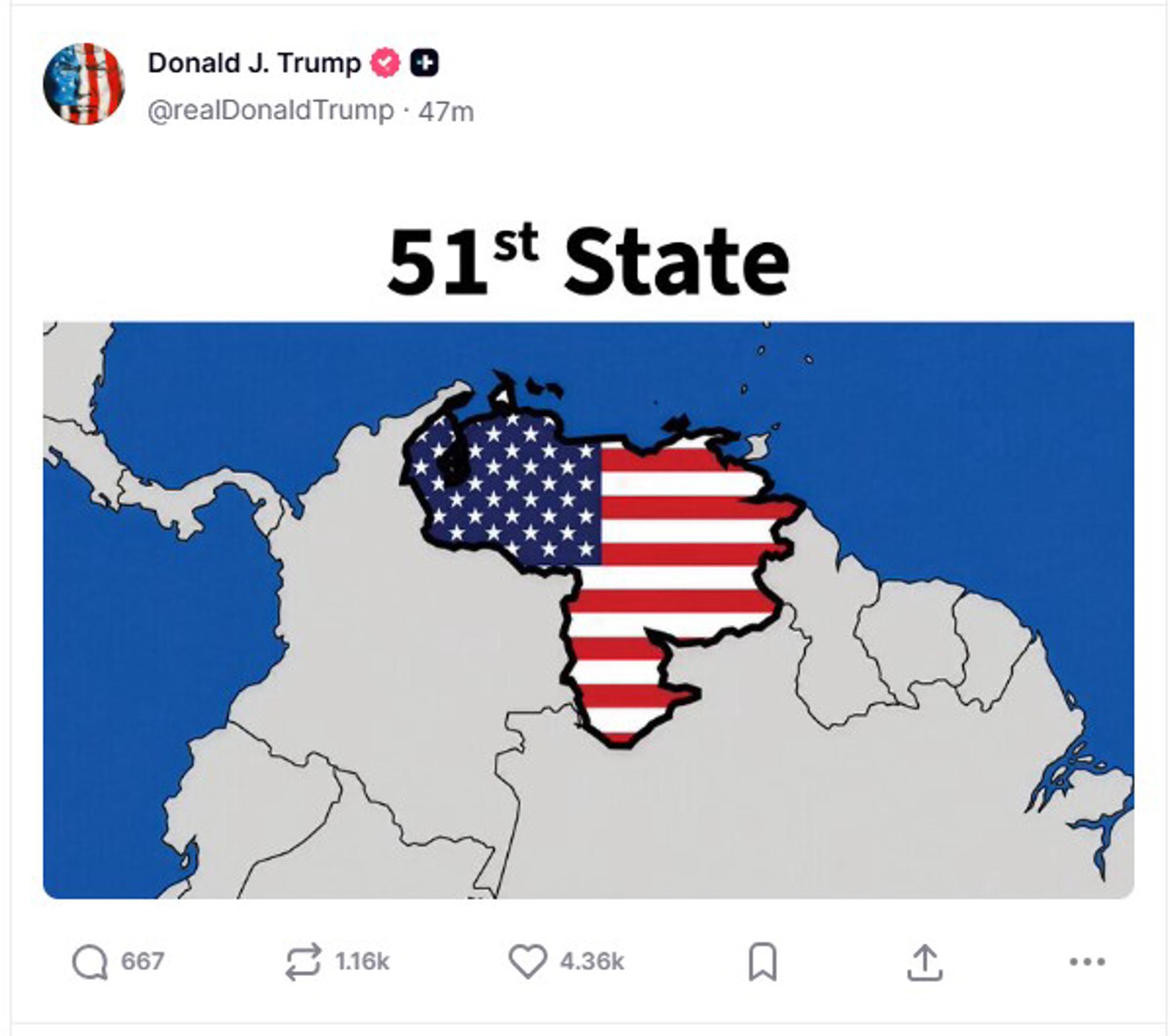 El presidente de EE. UU., Donald Trump, publicó un mapa de Venezuela pintado con los colores de la bandera de aquel país.